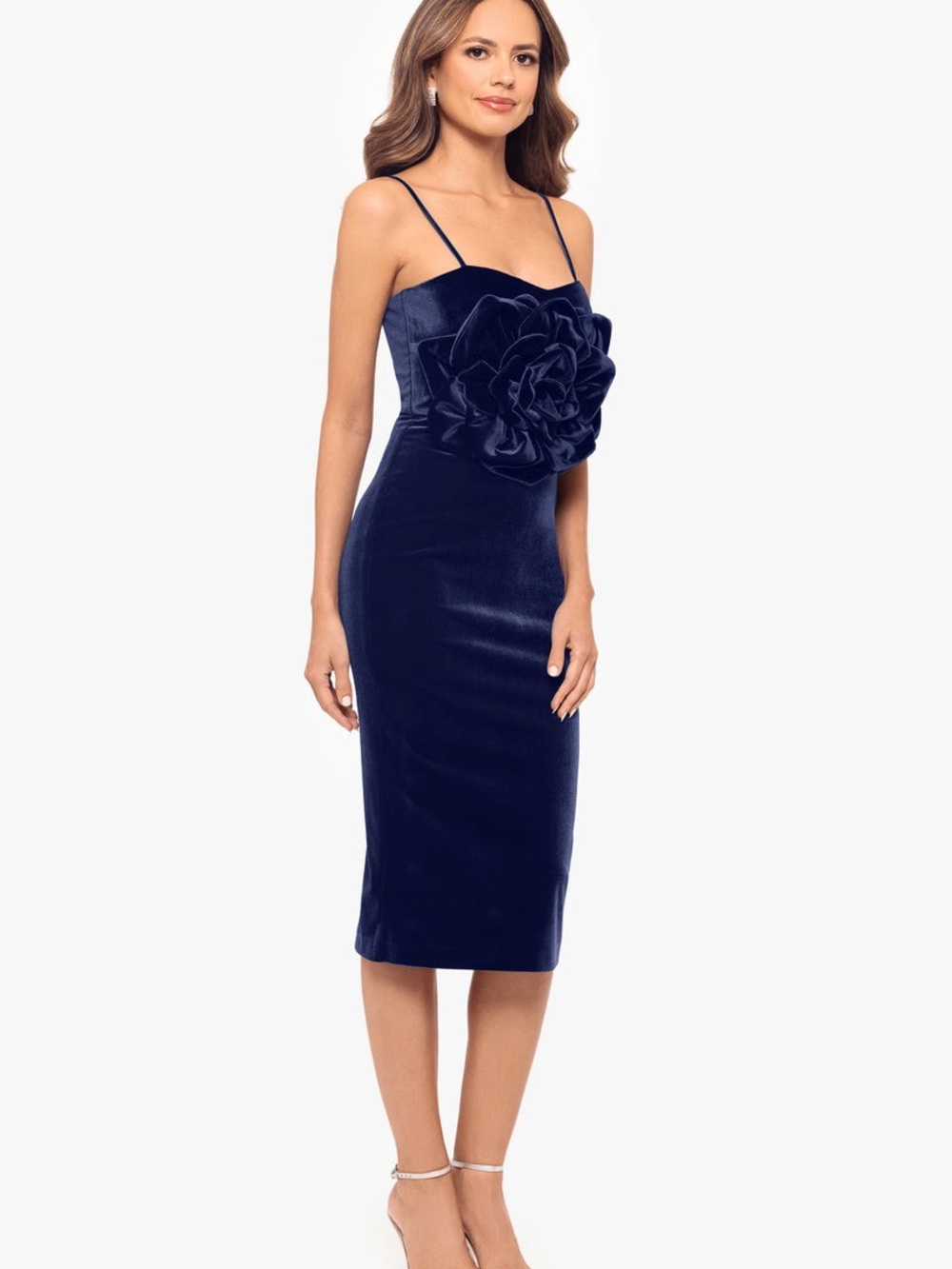 Betsy & Adam Navy Velvet 3D Rosette Midi Dress Size 8 NWT